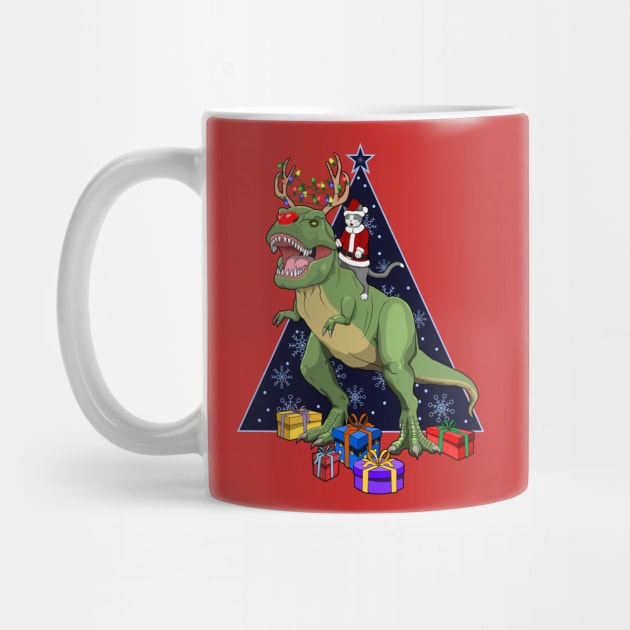 Santa Cat Riding Red Nosed T Rex Dinosaur Christmas by RongWay